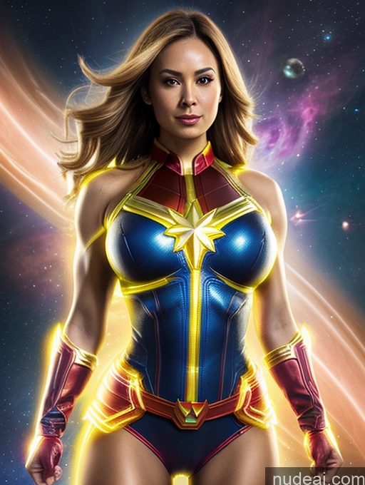 Busty Muscular Cosplay Superhero Science Fiction Style Neon Lights Clothes: Yellow Captain Marvel Superheroine Powering Up Dynamic View Space Undressing