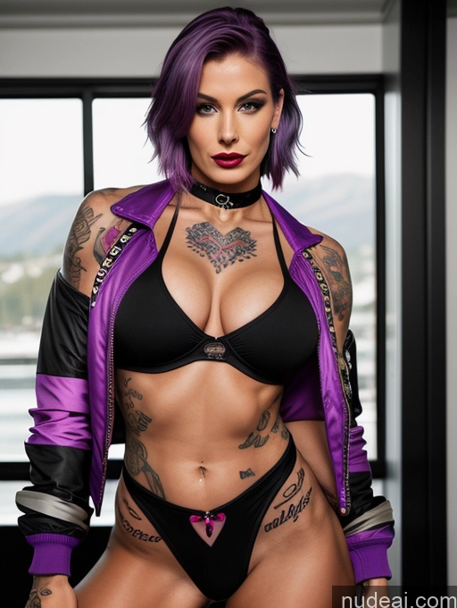 ai nude image of arafed woman with purple hair and tattoos posing in a black bikini pics of Choker Purple Hair Perfect Boobs Muscular Big Ass Lipstick Tattoos Perfect Body Harlequin Jacket Swedish