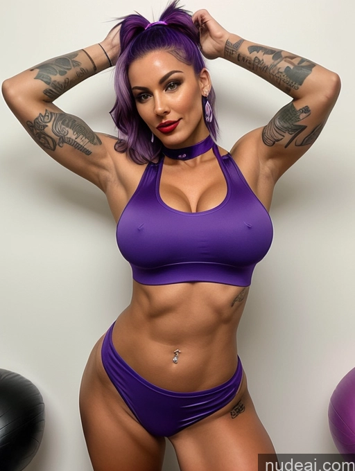 ai nude image of arafed woman in a purple bikini posing for a picture pics of Choker Purple Hair Perfect Boobs Muscular Big Ass Lipstick Tattoos Perfect Body French Cheerleader Woman, Sucking A Cock