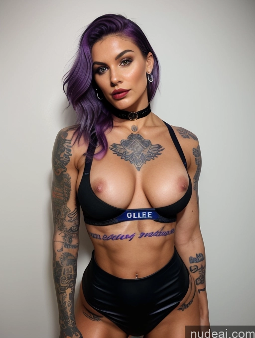 ai nude image of a close up of a woman with tattoos on her chest and chest pics of Choker Purple Hair Perfect Boobs Muscular Big Ass Lipstick Tattoos Perfect Body French Mini Skirt Police