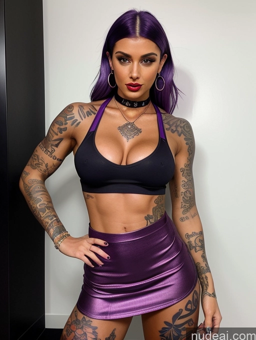 ai nude image of arafed woman with purple hair and tattoos posing for a picture pics of Choker Purple Hair Perfect Boobs Muscular Big Ass Lipstick Tattoos Perfect Body Mini Skirt Middle Eastern