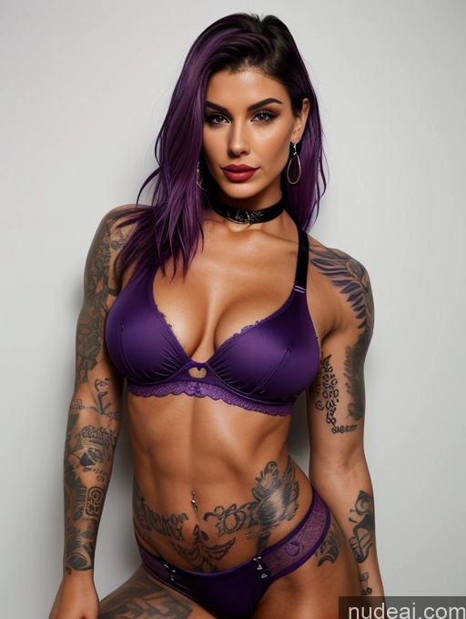 ai nude image of arafed woman with tattoos and purple panties posing for a picture pics of Choker Purple Hair Perfect Boobs Muscular Big Ass Lipstick Tattoos Perfect Body Middle Eastern