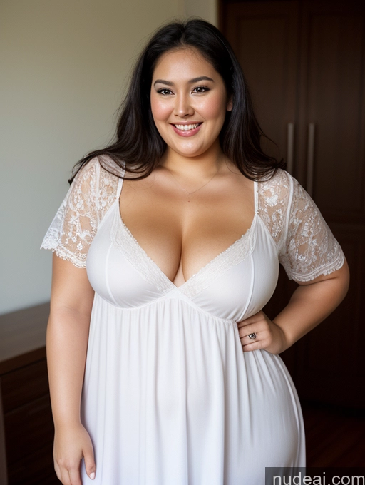 ai nude image of araffe woman in a white dress posing for a picture pics of Woman One Perfect Boobs Beautiful Chubby Fat Big Hips Perfect Body 50s Happy Black Hair Straight Indonesian Nightgown Close-up View