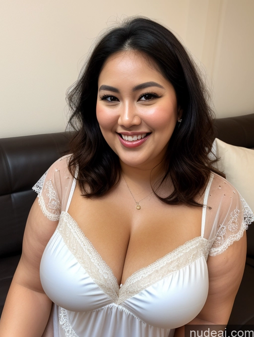 ai nude image of araffed woman in white lingerie sitting on a couch pics of Woman One Perfect Boobs Beautiful Chubby Fat Big Hips Perfect Body 50s Happy Black Hair Straight Indonesian Nightgown Close-up View Cleavage