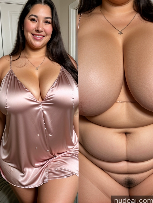 ai nude image of arafed woman in a pink dress and a woman in a pink dress pics of Woman One Beautiful Chubby Fat Big Hips 50s Happy Black Hair Straight Indonesian Nightgown Close-up View Cleavage Onoff Thick Busty Satin