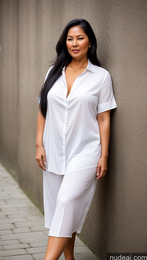 ai nude image of arafed woman in white shirt and white skirt leaning against a wall pics of Woman One Beautiful Chubby Tanned Skin Fairer Skin 70s Black Hair Long Hair Indonesian Skin Detail (beta) Casual Chemise