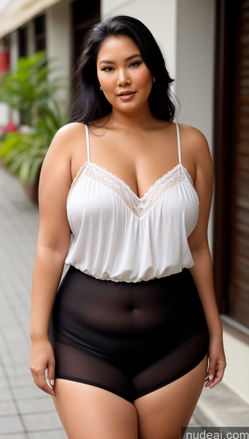 ai nude image of araffe woman in a white top and black shorts posing for a picture pics of One Chubby Tanned Skin Fairer Skin Black Hair Long Hair Indonesian Skin Detail (beta) Casual Chemise Big Hips 80s Model