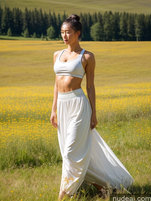 ai nude image of arafed woman in white dress walking in a field of yellow flowers pics of Mongolian Athlete Perfect Boobs Abs Big Hips Perfect Body Meadow Traditional Hair Bun