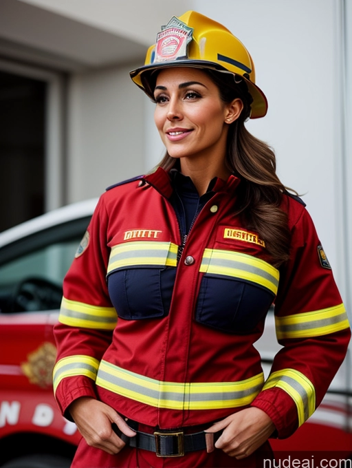 ai nude image of araffe wearing a firefighter uniform and a helmet standing in front of a fire truck pics of Muscular Skinny Abs Beautiful Perfect Boobs Busty Tanned Skin Soft + Warm Firefighter