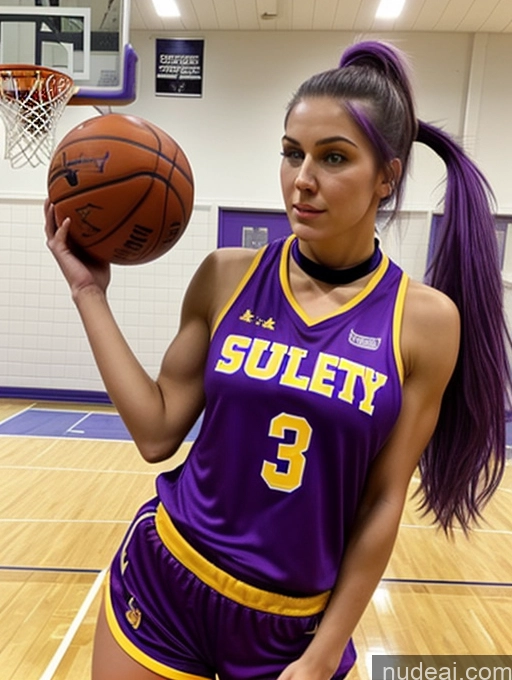 ai nude image of arafed female basketball player holding a basketball in a gym pics of Sorority Perfect Boobs Muscular Beautiful Big Ass Perfect Body Purple Hair Choker Swedish Ponytail Basketball