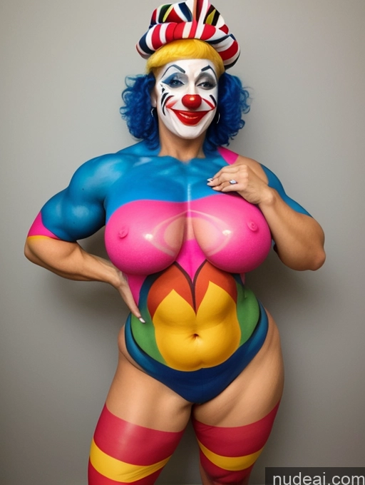 ai nude image of araffe dressed in a clown makeup and a wig posing for a picture pics of Harlequin Bodypaint Clown Milf 30s Beautiful Big Ass Big Hips Chubby Muscular Thick Perfect Body Short