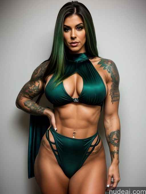 ai nude image of arafed woman in a green bikini posing for a picture pics of Perfect Boobs Beautiful Big Ass Perfect Body Seductive Tattoos Muscular Long Hair Spanish Superhero Green Hair