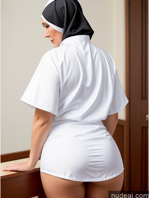 ai nude image of arafed nun in white and black outfit standing on a wooden rail pics of Big Ass Hair Bun Back View Bending Over Nun