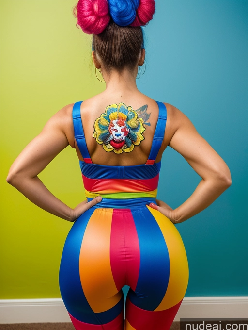 ai nude image of araffe woman in a colorful outfit with a clown tattoo on her back pics of Big Ass Hair Bun Back View Bending Over Clown