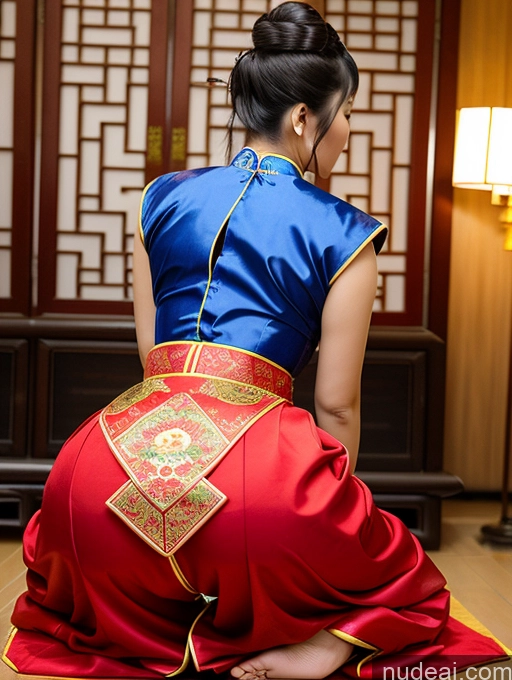 ai nude image of araffe woman in a blue and red dress sitting on a red rug pics of Big Ass Hair Bun Back View Bending Over Chinese Traditional