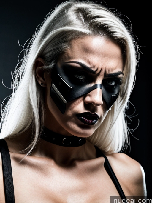 ai nude image of blond woman with black and white makeup and a black mask pics of Cyborg Style Cyborg Android Goth White Hair Angry Perfect Boobs Perfect Body Abs Muscular Lipstick Thick