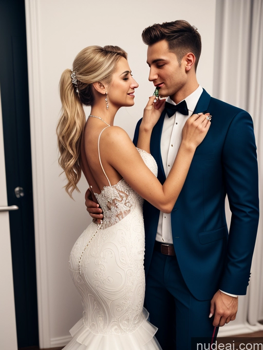 ai nude image of bride and groom posing for a photo in their wedding attire pics of Wedding 3d Turkish 20s Perfect Boobs Detailed Front View Blonde Several Dress Woman + Man Big Ass Ponytail Party Perfect Body