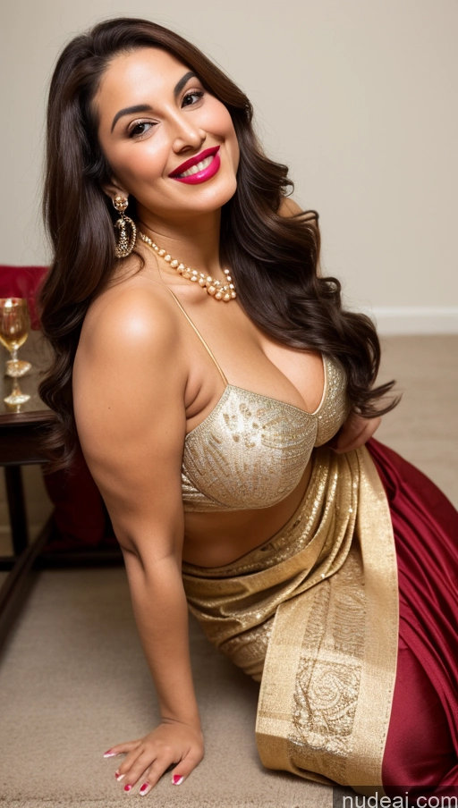 ai nude image of araffe woman in a gold and red sari posing for a picture pics of Milf Busty Beautiful Lipstick Chubby Thick Big Hips 20s Happy Seductive Brunette Long Hair Russian Party Front View Squatting Nude Sari Cleavage Gold Jewelry Diamond Jewelry Pearl Jewelry Detailed