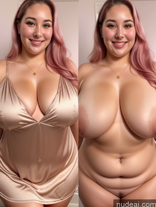 ai nude image of arafed woman with pink hair and a gold dress posing for a picture pics of One Busty Beautiful Thick Chubby Fat Big Hips 30s Happy Straight Indonesian Close-up View Nightgown Cleavage Onoff Pearl Jewelry Diamond Jewelry Gold Jewelry Satin Pink Hair