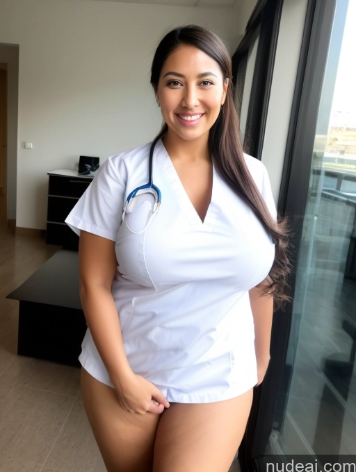 ai nude image of arafed woman in a white shirt and a stethoscope pics of One Busty Big Ass Fat Pubic Hair 30s Sexy Face Black Hair Tanned Skin Trans Girl With Erect Penis Happy Detailed Nurse Hospital Long Hair