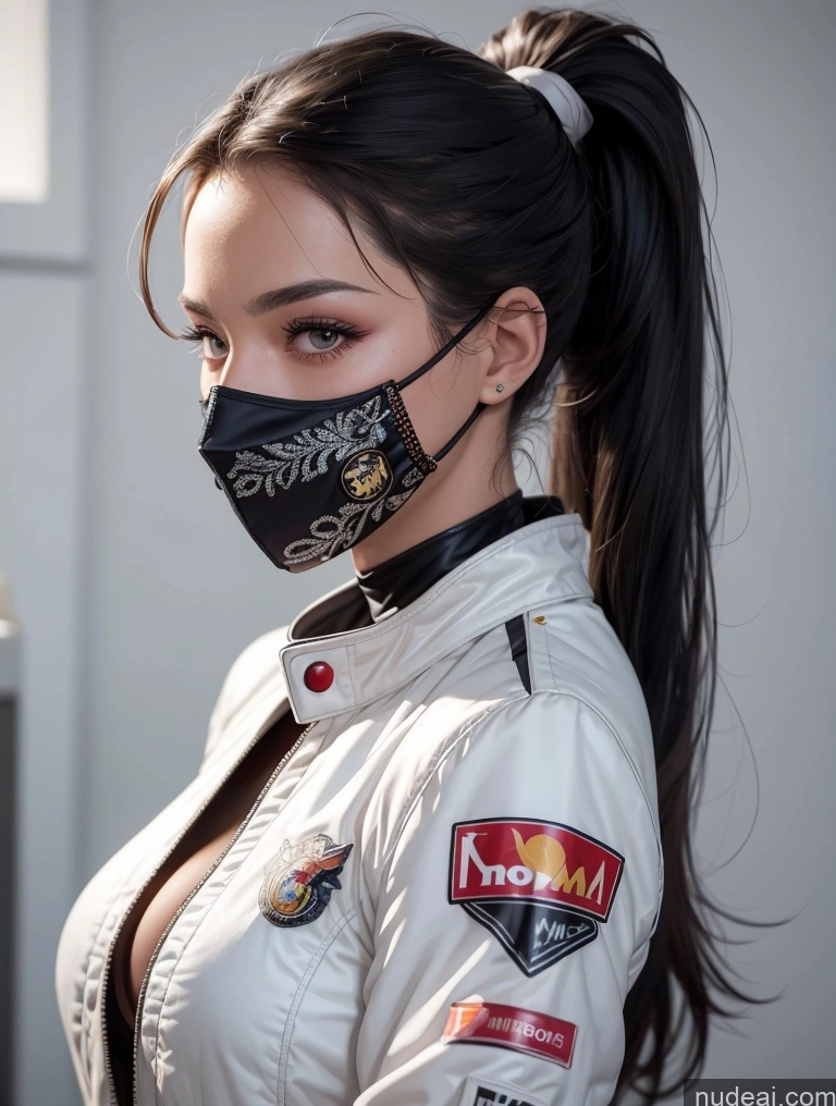 ai nude image of a close up of a woman wearing a face mask and a jacket pics of One Perfect Boobs Perfect Body 20s Sexy Face Seductive Spanish Skin Detail (beta) Detailed Black Hair Suit Model Serious Ponytail Race Driver Front View Face Mask