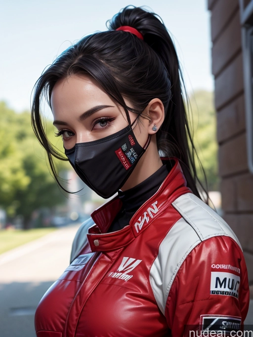 ai nude image of arafed woman wearing a red and white jacket and a black mask pics of One Perfect Boobs Perfect Body 20s Sexy Face Seductive Spanish Skin Detail (beta) Detailed Black Hair Suit Model Serious Ponytail Race Driver Front View Face Mask