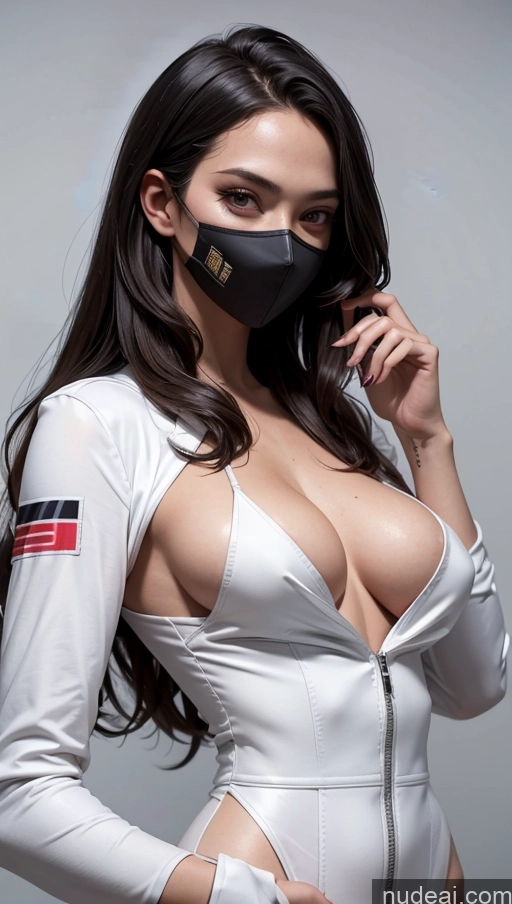 ai nude image of arafed woman in a white bodysuit with a black mask pics of One Perfect Boobs Perfect Body 20s Sexy Face Seductive Spanish Skin Detail (beta) Detailed Suit Model Serious Race Driver Front View Face Mask Straight