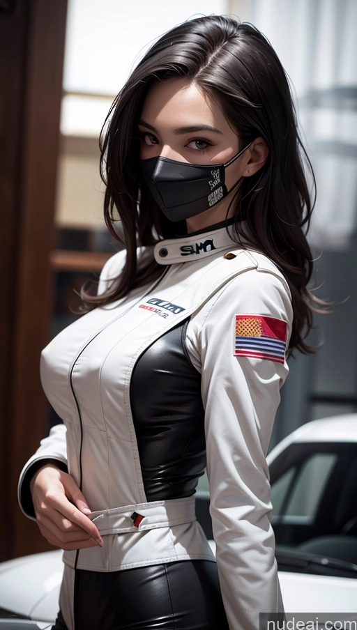 ai nude image of arafed woman in a white and black outfit and a mask pics of One Perfect Boobs Perfect Body 20s Sexy Face Seductive Spanish Skin Detail (beta) Detailed Suit Model Serious Race Driver Front View Black Hair Long Hair Face Mask