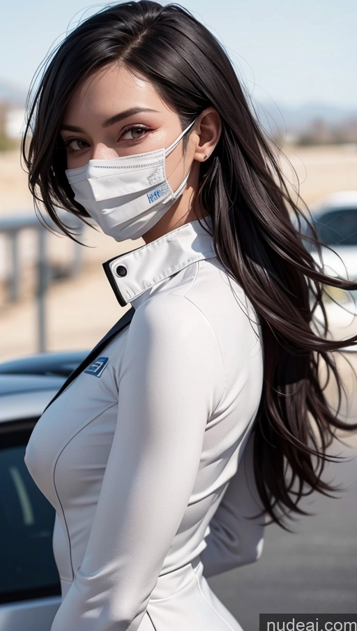 ai nude image of arafed woman in white dress and mask walking in parking lot pics of One Perfect Boobs Perfect Body 20s Sexy Face Seductive Spanish Skin Detail (beta) Detailed Suit Model Serious Race Driver Front View Black Hair Long Hair Face Mask