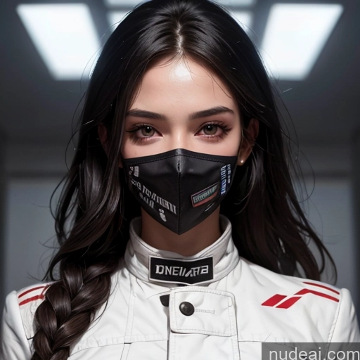 ai nude image of a woman wearing a black mask and white jacket pics of One Perfect Boobs Perfect Body 20s Sexy Face Seductive Spanish Skin Detail (beta) Detailed Suit Model Serious Race Driver Front View Black Hair Long Hair Face Mask