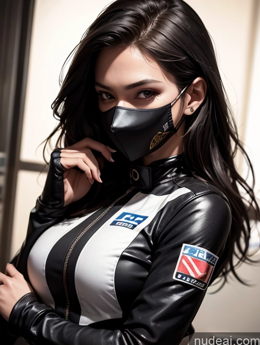 ai nude image of arafed woman in a black and white leather jacket and mask pics of One Perfect Boobs Perfect Body 20s Sexy Face Seductive Spanish Skin Detail (beta) Detailed Suit Model Serious Race Driver Front View Black Hair Long Hair Face Mask