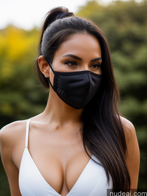 ai nude image of arafed woman wearing a black mask and white bra pics of Model One Perfect Boobs Perfect Body 20s Sexy Face Seductive Serious Black Hair Spanish Face Mask Race Driver Detailed Ponytail Skin Detail (beta)