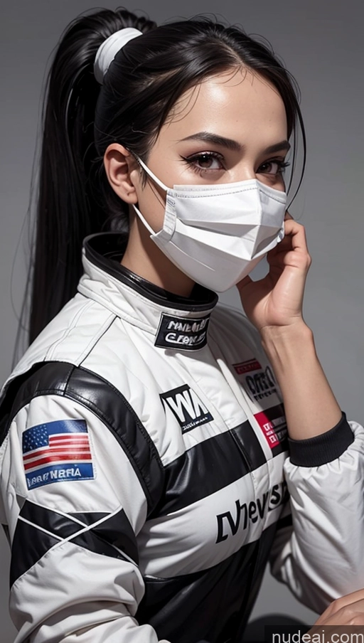 ai nude image of arafed woman in a racing suit and mask sitting on a chair pics of Model One Perfect Boobs Perfect Body 20s Serious Sexy Face Seductive Black Hair Spanish Skin Detail (beta) Front View Race Driver Face Mask Ponytail