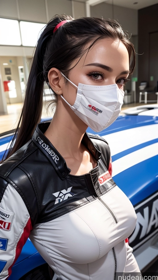 ai nude image of arafed woman in a white shirt and black jacket standing next to a blue car pics of One Perfect Boobs Perfect Body 20s Serious Sexy Face Seductive Black Hair Spanish Skin Detail (beta) Front View Race Driver Face Mask Ponytail Milf