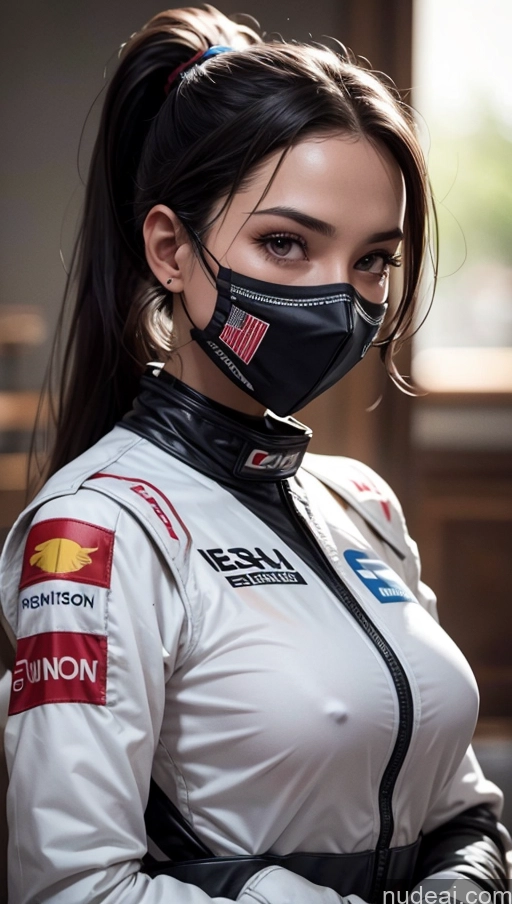 ai nude image of a close up of a woman wearing a mask and a jacket pics of One Perfect Boobs Perfect Body 20s Serious Sexy Face Seductive Black Hair Spanish Skin Detail (beta) Front View Race Driver Model Beautiful Ponytail Face Mask