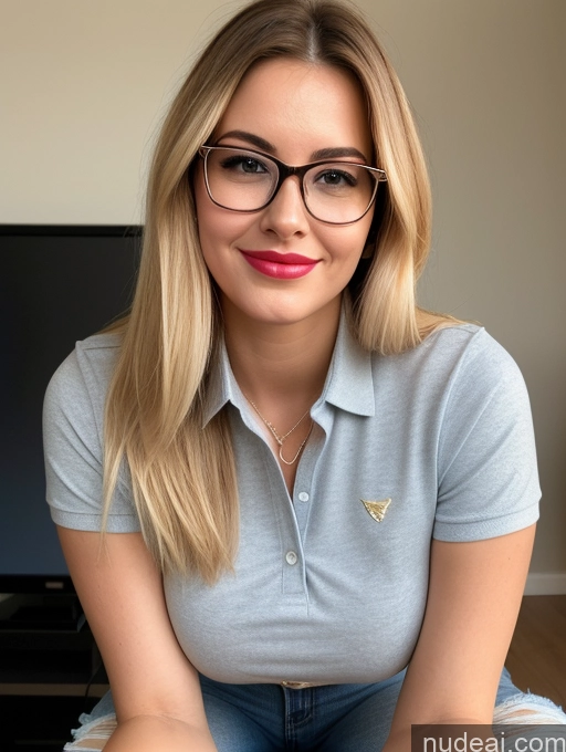 ai nude image of blond woman with glasses and a blue shirt sitting in front of a television pics of Woman One Busty 20s Happy Pouting Lips Glasses Blonde Straight Gaming Jeans Shirt Polo Bright Lighting