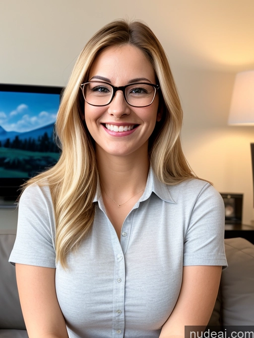 ai nude image of blond woman with glasses sitting on a couch in front of a television pics of Woman One Busty 20s Happy Glasses Blonde Straight Gaming Jeans Shirt Bright Lighting