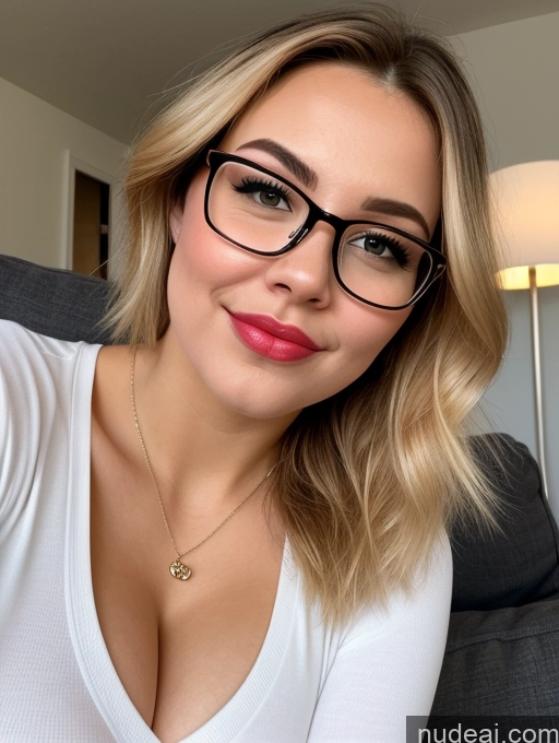 ai nude image of blond woman with glasses and a necklace posing for a picture pics of One 20s Glasses Blonde Gaming Bright Lighting Busty Pouting Lips Happy Couch Shirt