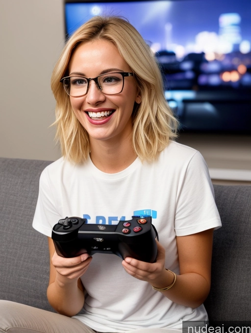 related ai porn images free for One 20s Glasses Blonde Gaming Bright Lighting Couch Laughing Shirt