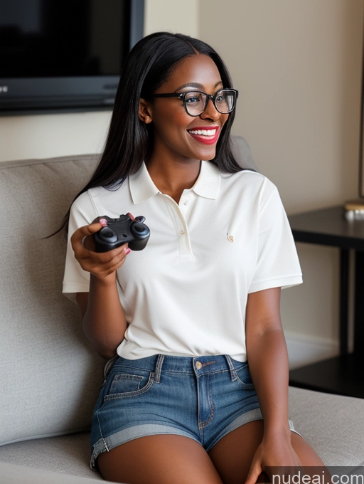 ai nude image of smiling woman sitting on a couch holding a remote control pics of Woman Glasses Lipstick 20s Laughing Brunette Dark Skin Black Couch Gaming Polo Shirt Jeans Short Shorts Straight Small Ass