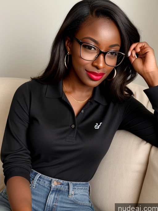 ai nude image of there is a woman sitting on a couch wearing glasses pics of Woman Glasses Lipstick 20s Brunette Dark Skin Black Couch Polo Shirt Jeans Short Shorts Straight Small Ass Pouting Lips Happy