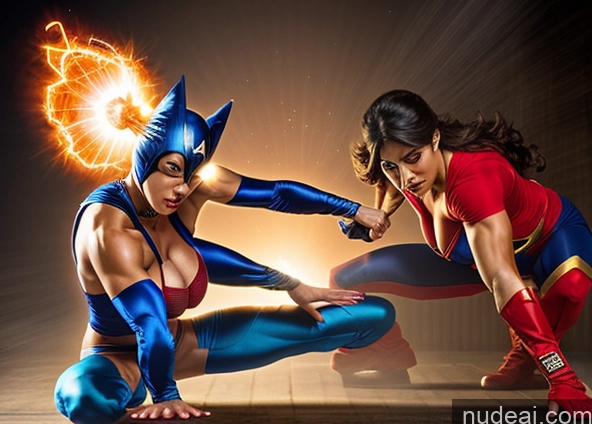 ai nude image of two women in costumes are posing for a photo in a studio pics of Superhero Busty Abs Muscular Small Tits Powering Up