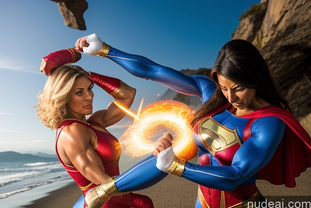 ai nude image of two women in costumes of superheros fighting over a ball pics of Superhero Muscular Perfect Boobs Powering Up Two