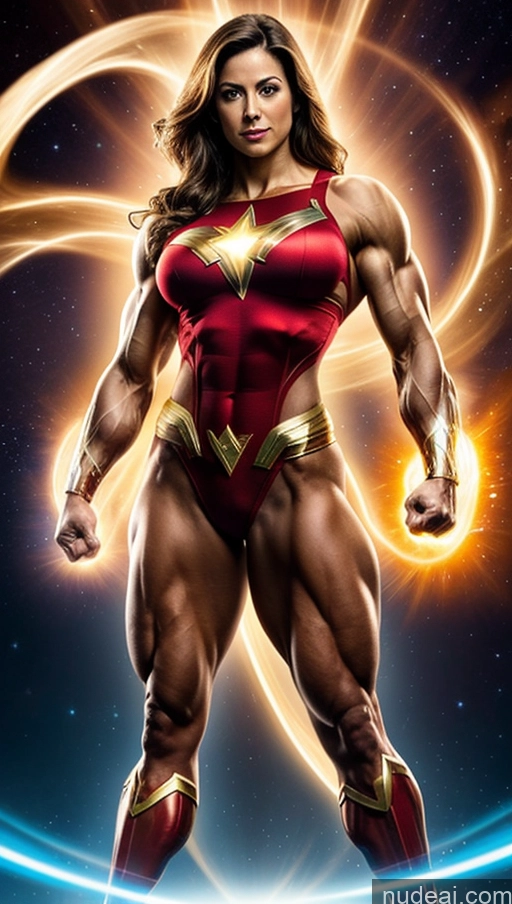 ai nude image of a woman in a red and gold costume standing in front of a blue background pics of Muscular Busty Abs Mary Thunderbolt Bodybuilder Powering Up