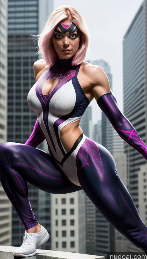 ai nude image of araffe woman in a purple and white suit posing on a ledge pics of Muscular Powering Up Perfect Boobs Spider-Gwen