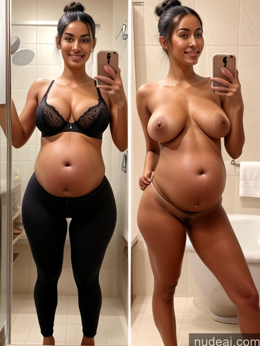 ai nude image of araffe woman in a black bra top and black leggings taking a selfie pics of Woman 18 Black Hair Hair Bun Spanish Mirror Selfie Bathroom Perfect Boobs Pregnant Tanned Skin Perfect Body Skinny Sexy Face Pubic Hair Detailed Onoff Bra Yoga Pants