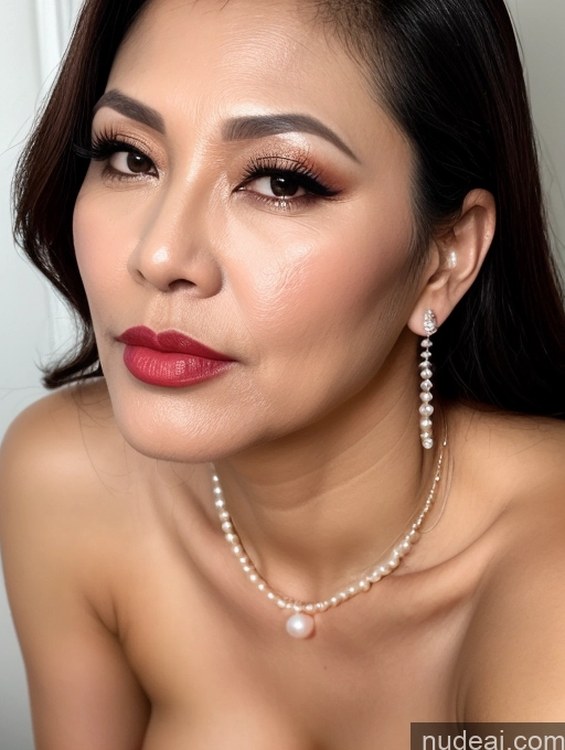 ai nude image of arafed woman with a pearl necklace and earrings posing for a picture pics of Milf Lipstick Vietnamese 50s Pearl Jewelry Cumshot EdgOrgasm Seductive Sexy Face Pouting Lips