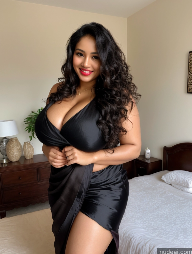 ai nude image of araffe woman in a black dress posing on a bed pics of Woman One Huge Boobs Perfect Boobs Beautiful Lipstick Big Ass Thick Big Hips Perfect Body Pubic Hair 30s Happy Seductive Black Hair Curly Hair Filipina Bedroom Sari