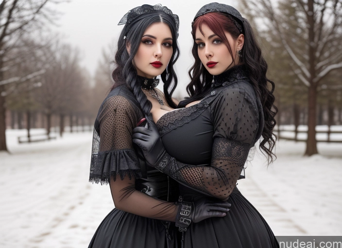 ai nude image of two women in gothic clothing posing for a picture in the snow pics of Woman Busty Huge Boobs Glasses Muscular Big Ass Abs Big Hips 20s Seductive Sexy Face Ginger Goth Vampire Victorian Better Leggins - Goth Mesh Leather Jacket Roman Gloves Greek Ukraine Snow Two