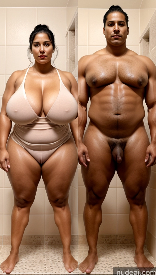 ai nude image of there are two people standing in a bathroom with a large body pics of Woman + Man Huge Boobs Muscular Fat Chubby Big Hips Long Legs Perfect Body Fairer Skin Tanned Skin 50s Serious Black Hair Ponytail Indian Bathroom Front View Spreading Legs Beautiful Alternative Detailed Onoff